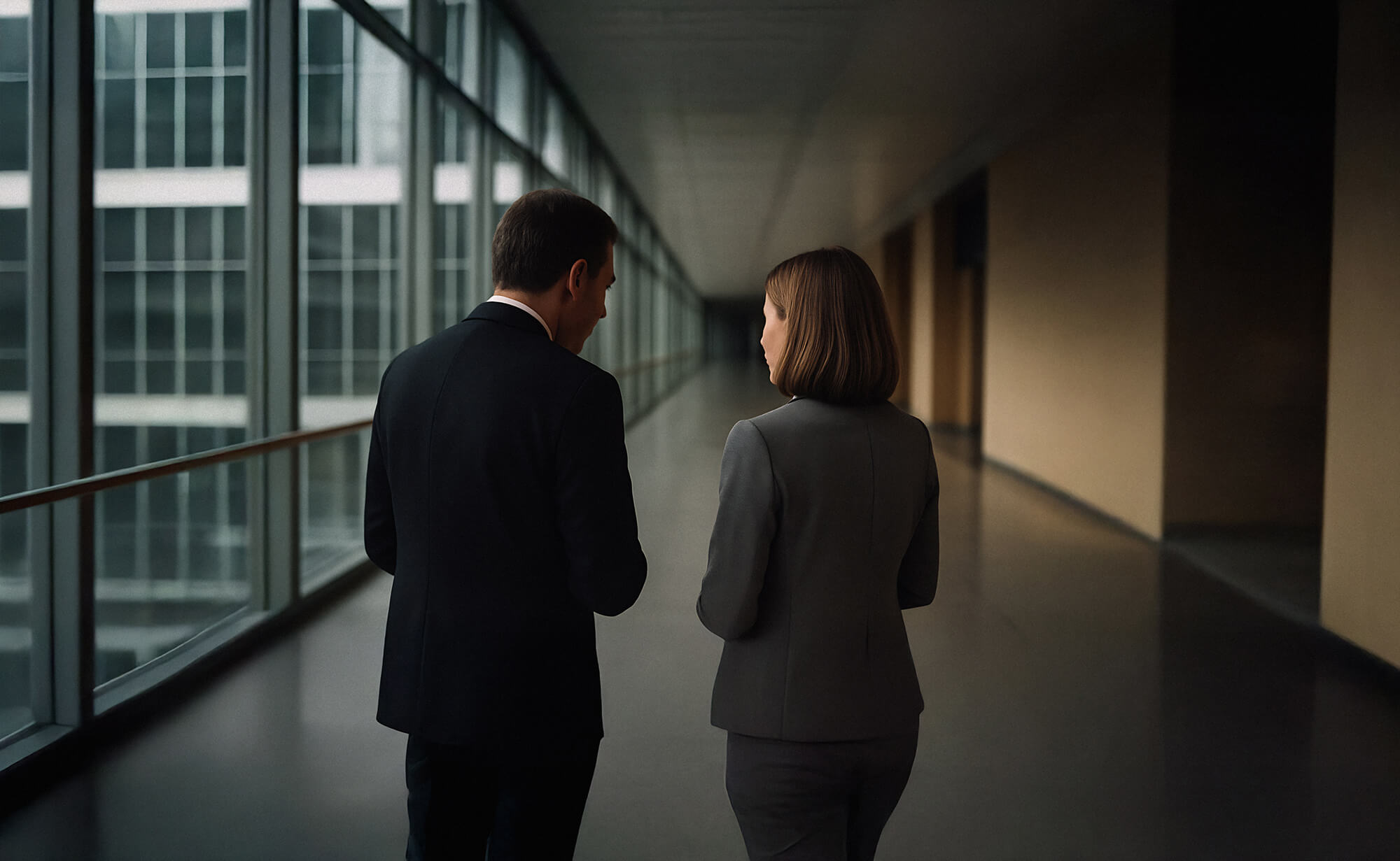 People talking in an office hallway, talking to each other